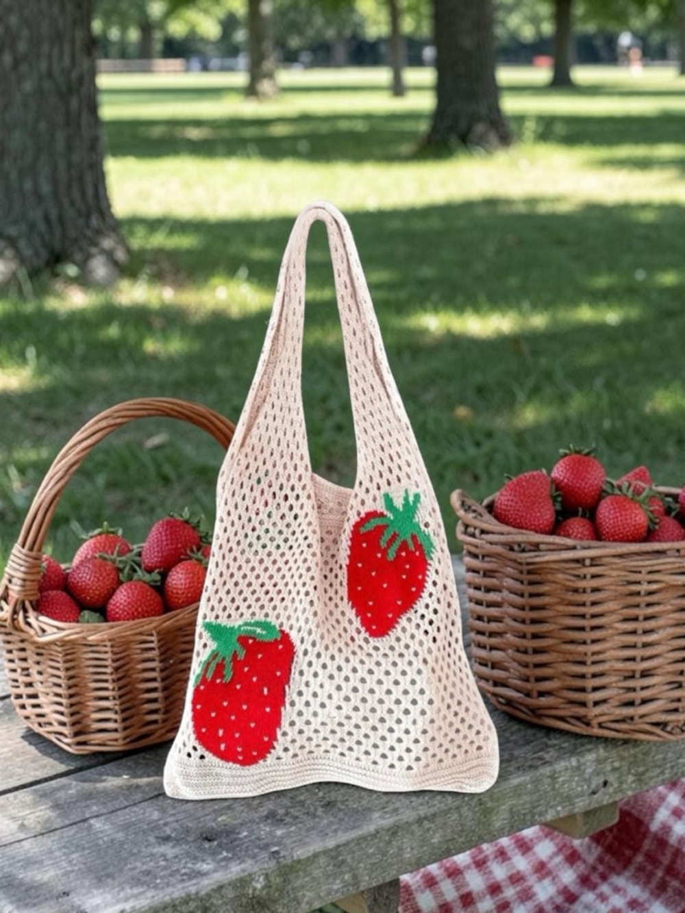 Strawberry, crochet shoulder tote bag NEW - Picture 1 of 8